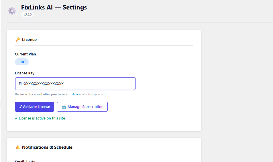 FixLinks AI one-click redirect management in WordPress dashboard
